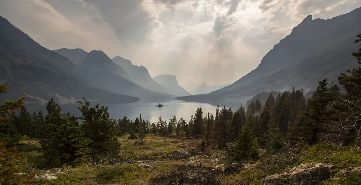 Mountain valley and lake on North American land